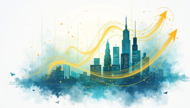A city skyline with yellow arrows rising above it.
