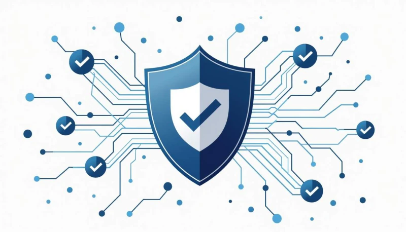 A checked shield at the center of a network of verification symbols.