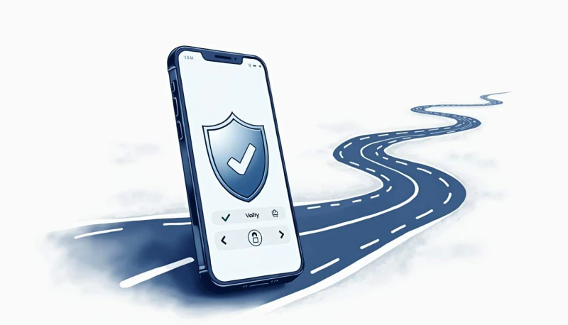 A smartphone with a checked shield beside a winding road.