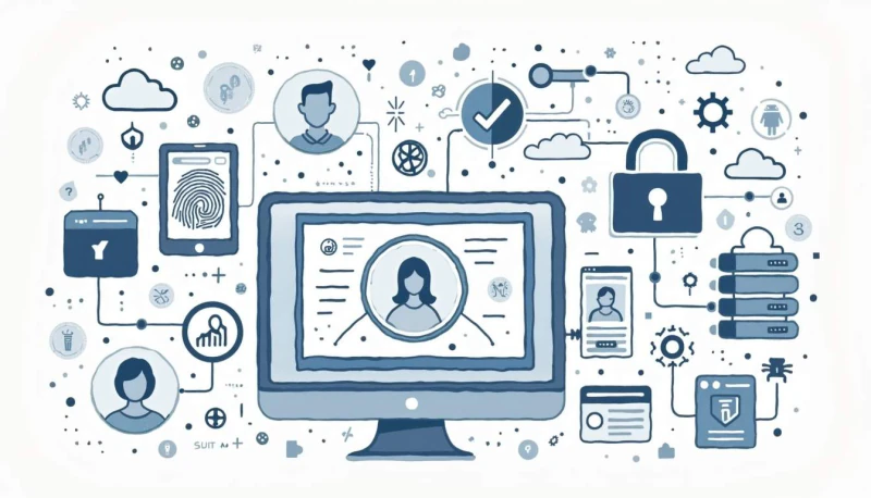 Identity records, fingerprints and a padlock surround a computer display.