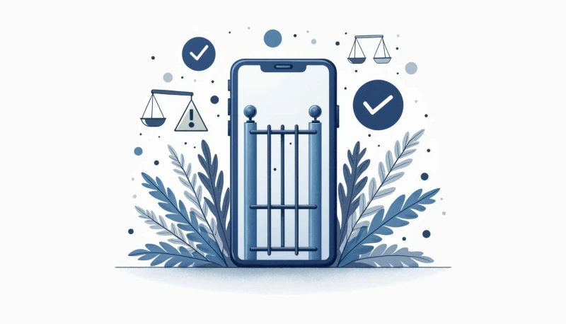 A phone with a closed gate surrounded by checkmarks and balance scales.