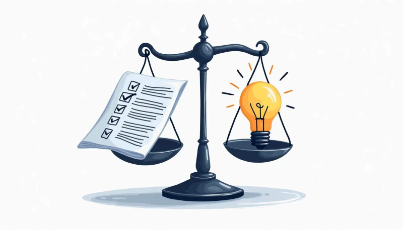 A balance scale holds a checklist on one side and a light bulb on the other.