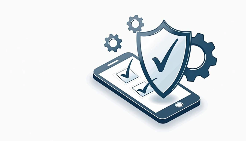 A checked shield and gears above a smartphone checklist.