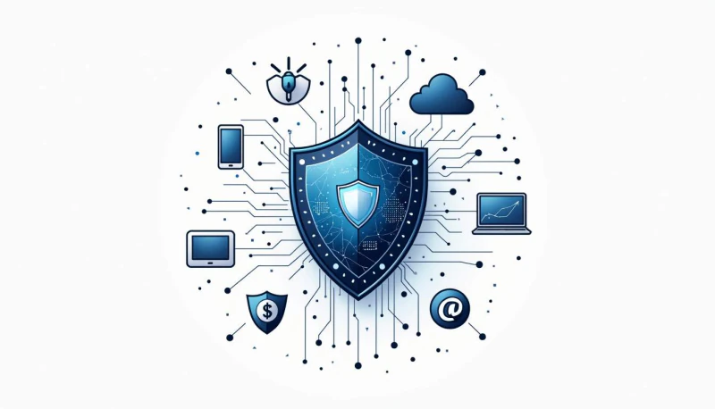 A shield connects to a phone, laptop, cloud and other digital-service icons.
