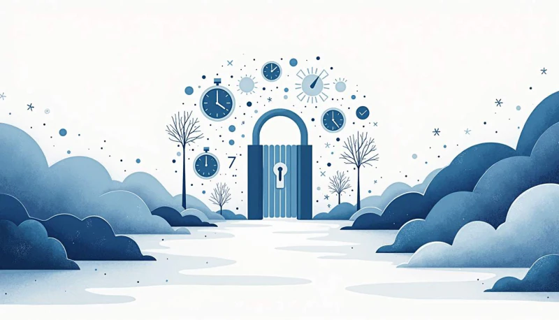 A large padlock surrounded by clocks in a blue landscape.