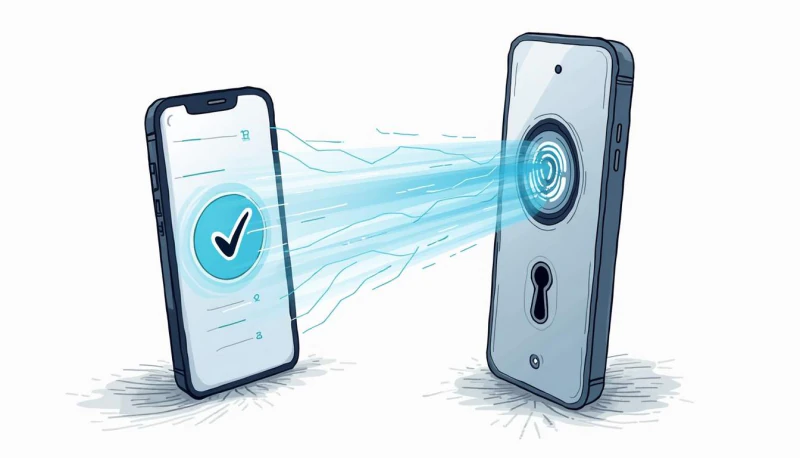 A phone with a verification checkmark connects to a digital door lock.
