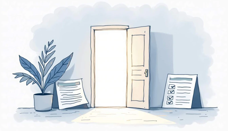 An open doorway beside a document and a checklist.