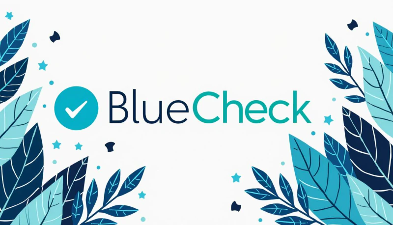BlueCheck wordmark surrounded by blue and teal leaves.