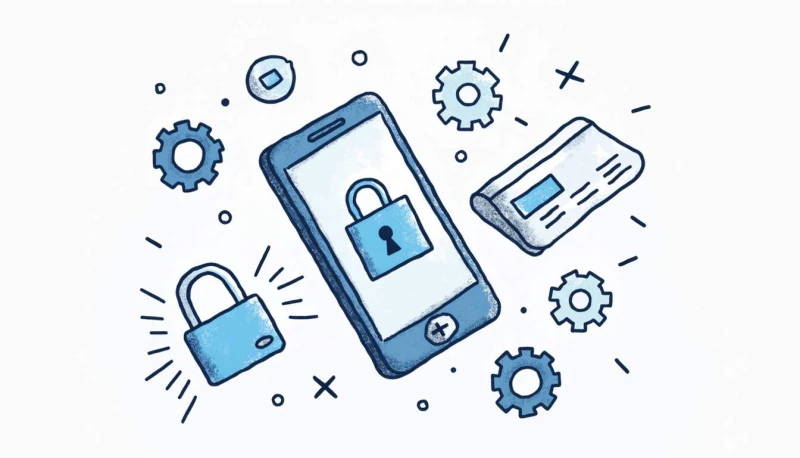A locked smartphone beside an ID card and gears.