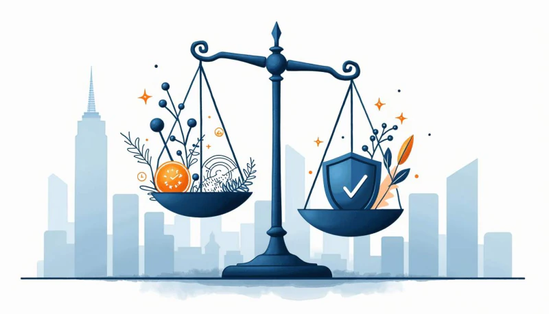 A balance scale holds a clock on one side and a checked shield on the other.