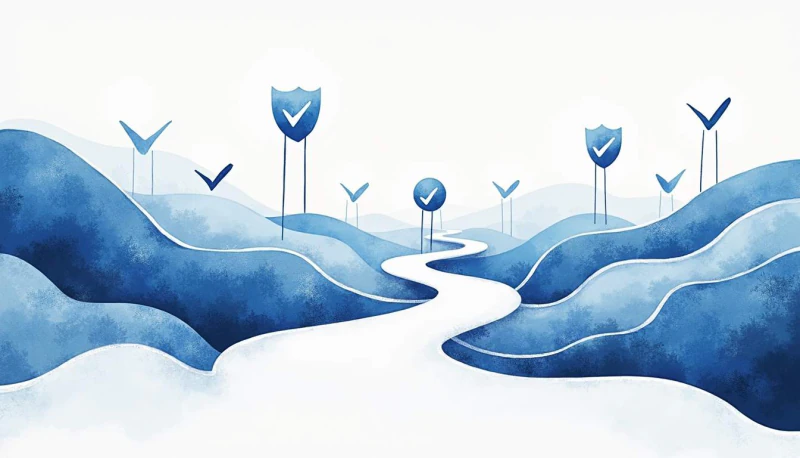 A winding path through blue hills marked by checkmarks and shields.