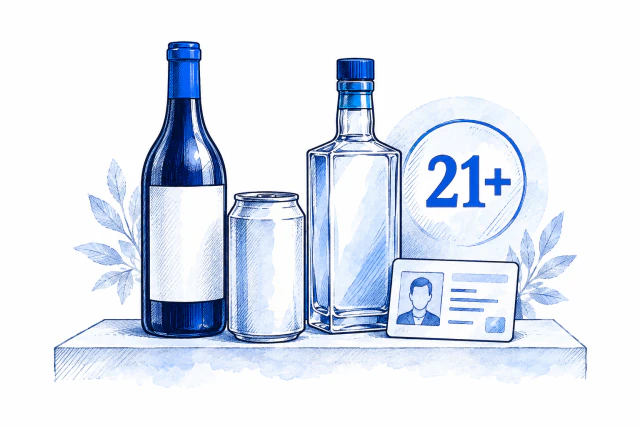 Unbranded alcohol containers beside an identity card and age-check symbol.