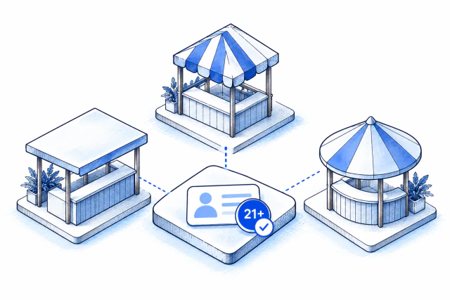 Merchant stalls around a shared buyer identity tile.