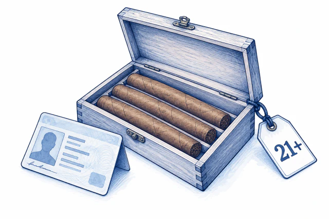 A cigar case beside an identity card and 21-plus age tag.