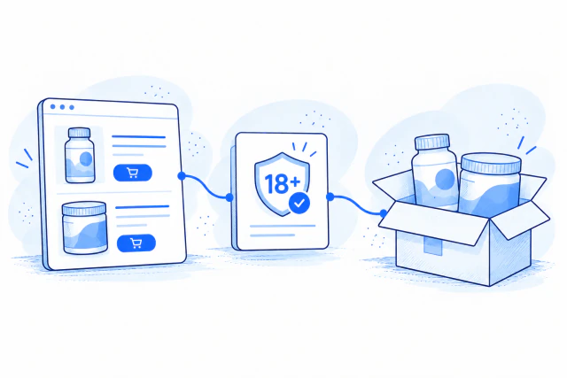 Concept illustration of supplement items in an online order, a selected age check, and shipment.