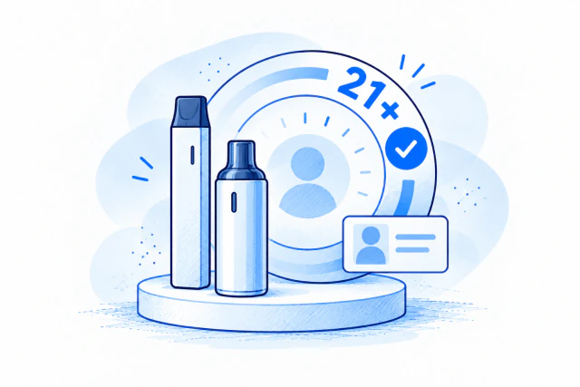 Concept illustration of unbranded vape devices beside a circular 21-plus age-verification dial and an identity card.